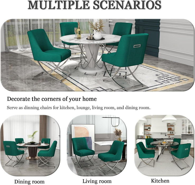 Kitchen Dining Chairs Set of 2,Accent Modern Upholstered Velevt,Contemporary Tufted Metal Chairs with X-Shaped Sliver Legs for Dining Room,Living Room, Reception Room(Dark Green)