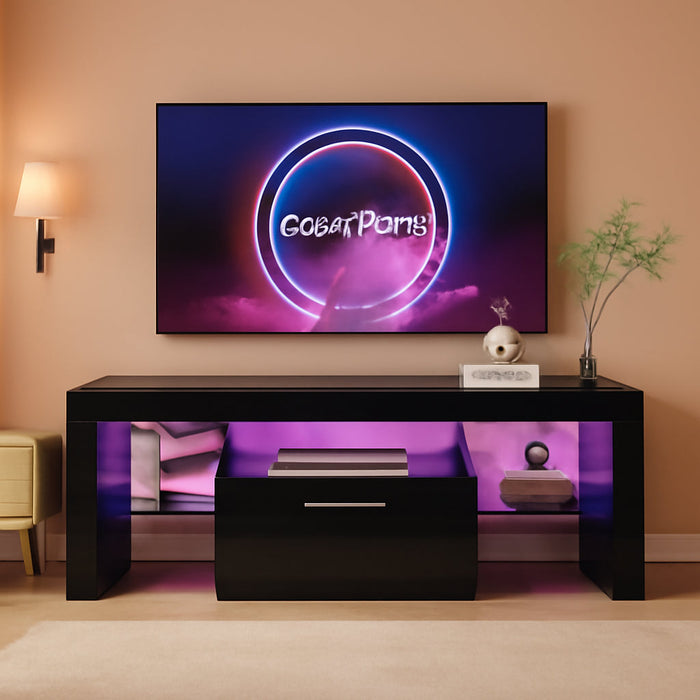 Black LED TV Stand with Large Storage Drawer for 32 40 50 55 Inch Tvs, Modern High Gloss TV Console Table with Entertainment Center for Living Room, Bedroom, Black