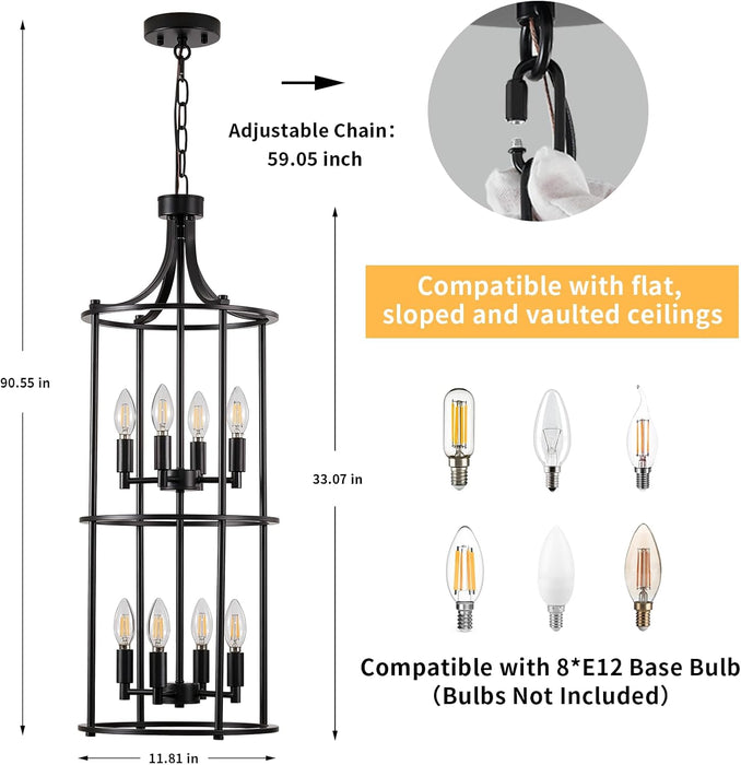 Foyer Chandeliers for High Ceilings, Lantern Tiered Black Chandelier Light Fixture Metal Modern Farmhouse Pendant Lights for Kitchen Island Entryway, Staircase, Living Room, Dinning Room