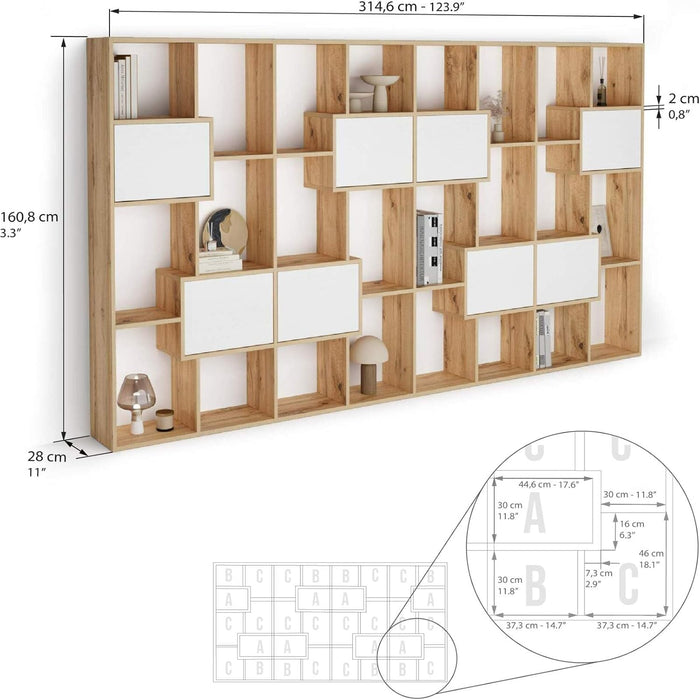 , Iacopo L Bookcase Rustic Oak with Ashwood White Doors (63.3 X 123.8 In), Made in Italy