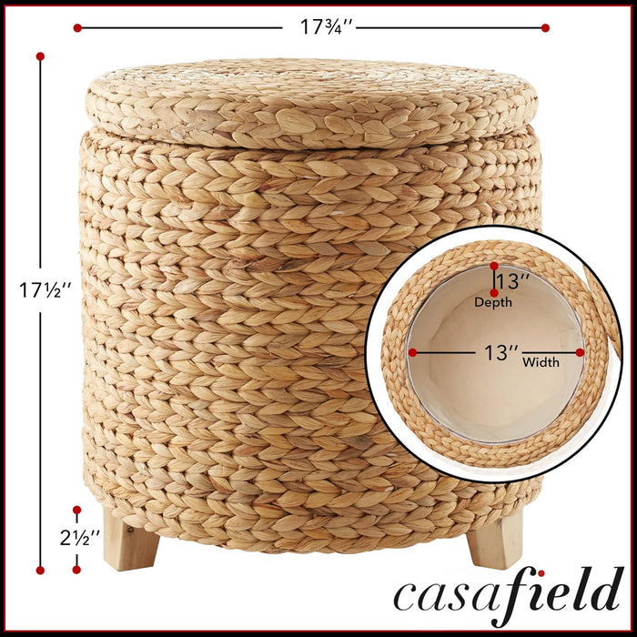 17" round Storage Ottoman with Lid - Natural, Handwoven Water Hyacinth Footstool for Living Room, Bedroom, Bathroom, Home Office