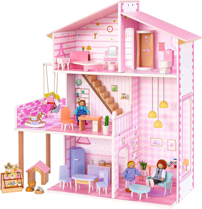 Wooden Dolls House for Toddlers Aged 3–5: Complete Set with Furniture, 4 Family Member Dolls, and a Pet Dog – Villa-Style Design for Indoor Play. Ideal Dollhouses for Children Aged 3 to 8