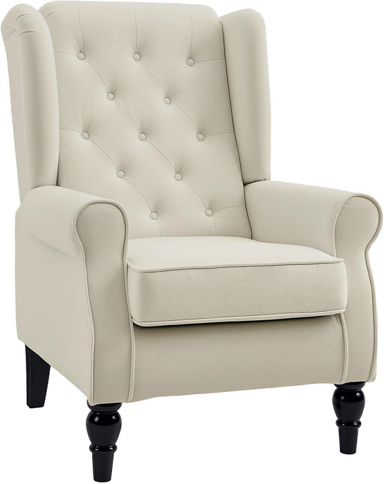 Mid-Century Modern Accent Chair, High Wingback Reading Chair, Button-Tufted Upholstered Fabric Armchair with Retro Wood Legs for Apartment, Living Room, Bedroom, Cream White