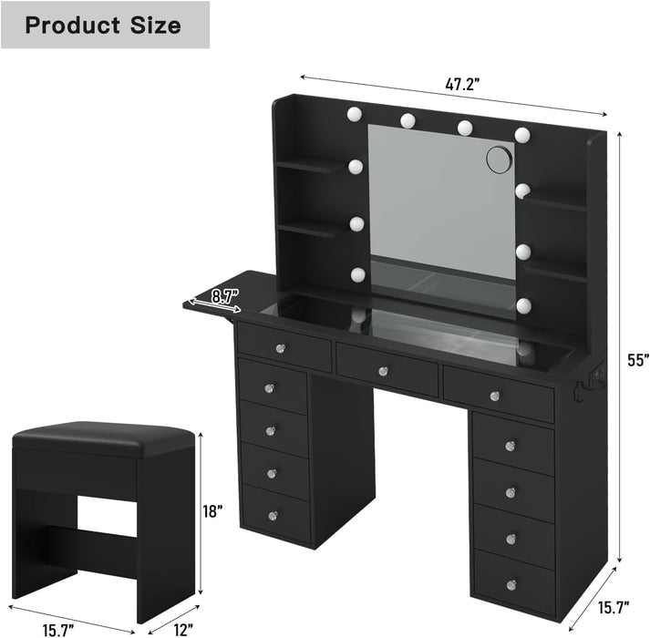Vanity Desk with Power Outlet, Makeup Table with Mirror and 12 LED Lights, 3 Color Lighting Modes, 11 Drawers Makeup Vanity with 4 Shelves, Fold-Up Panel, Vanity Set for Bedroom, Black