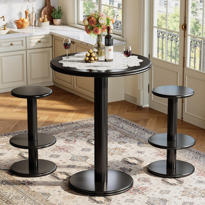 39.4" H round Bar Table and Chairs Set, Modern Black Bistro Pub Table with 2 Barstools, Wooden Counter Height Cocktail Table for Small Bars, Kitchen, Living Room, Apartment