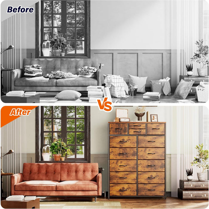 Tall Dressers for Bedroom with Drawer, Dressers for Bedroom, Fabric Dressers & Chests of Drawers for Living Room, Wooden Top, Sturdy Metal Frame, Rustic Brown, 11.8" D X 37" W X 52" H