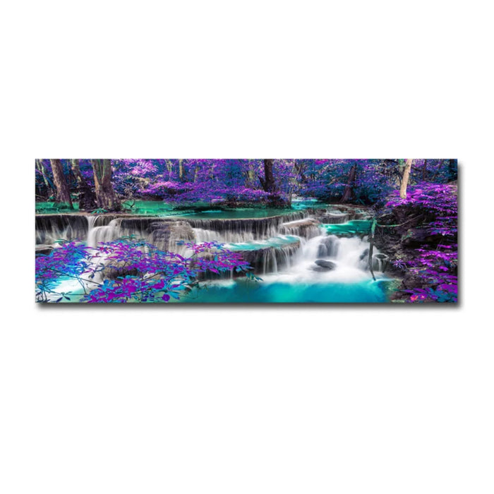 Waterfall Canvas Wall Art Purple Trees Forest Landscape Painting Picture Prints Black and White Purple Bathroom Bedroom Decoration Unframed 15.7*47.2 Inch