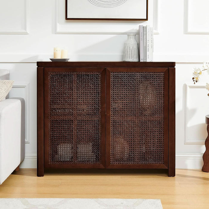 Small Sideboard Buffet Cabinet,Narrow Kitchen Storage Cabinet with 2 Rattan Doors,Mid Century Modern Thin Console Table for Living Room,Entryway(39.4" Walnut)