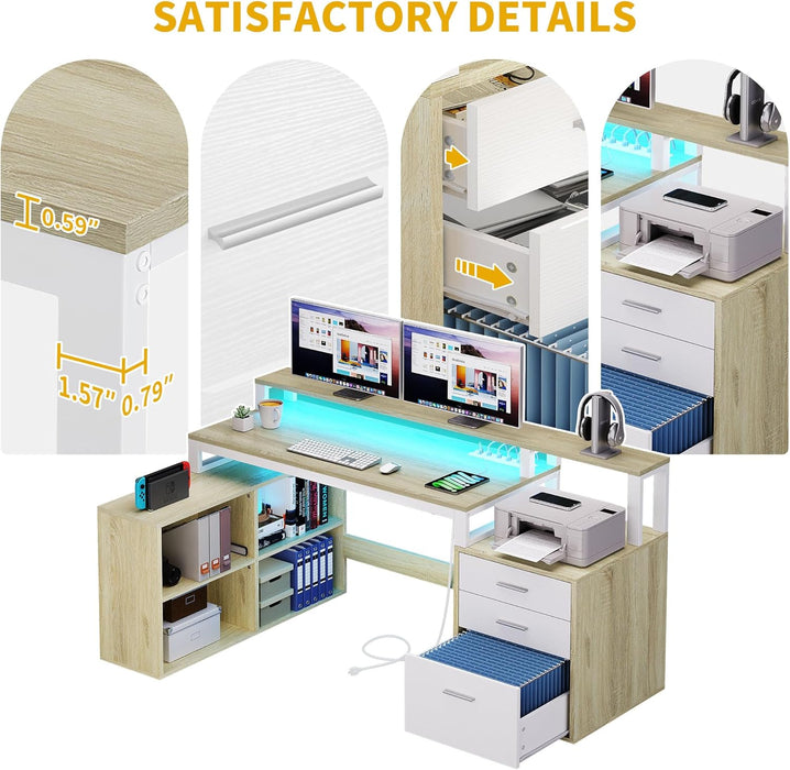 L Shaped Desk with Drawers, 65" Computer Desk with Power Outlets & LED Lights, Corner Home Office Desk with Storage Shelves & Printer Stand, White & Oak