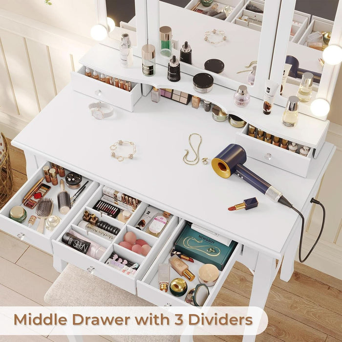 White Makeup Vanity with Lights & Charging Station, Vanity Desk with Mirror and 3 Colors of Lighting Effects, Vanity Table with Tri-Fold Mirror & Necklace Hooks, Makeup Table with Stool