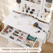 White Makeup Vanity with Lights & Charging Station, Vanity Desk with Mirror and 3 Colors of Lighting Effects, Vanity Table with Tri-Fold Mirror & Necklace Hooks, Makeup Table with Stool