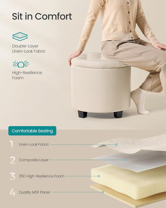 round Ottoman, Ottoman with Storage, 17.7 X 17.7 X 17.5 Inches, Foot Rest with Legs, Linen-Look Fabric, Load up to 330 Lb, for Living Room, Bedroom, Light Beige ULOM011W01