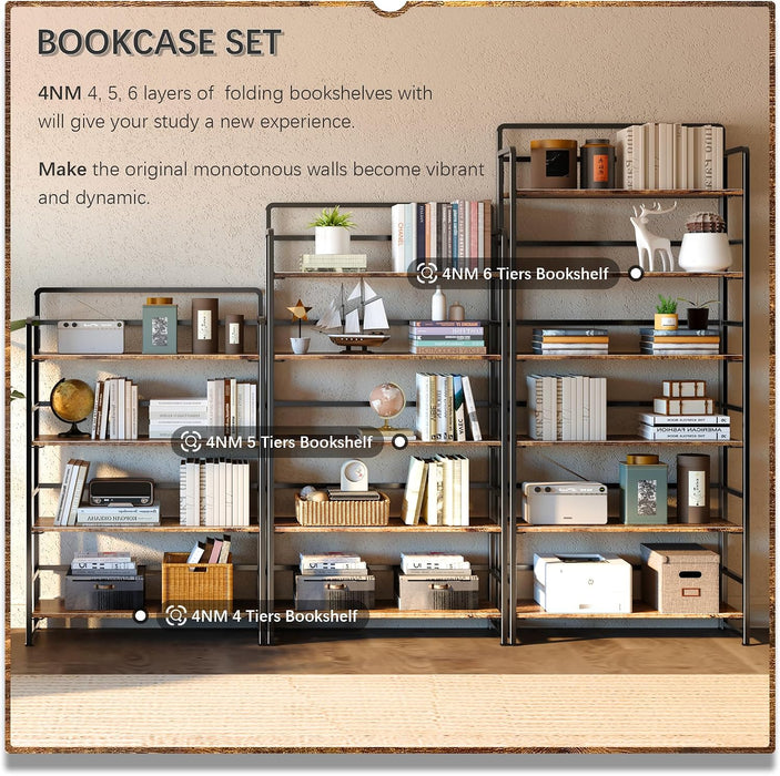 No Assembly Extra Wide 4 Tier Folding Bookshelf Storage Shelves Vintage Bookcase Standing Racks for Bedroom Living Room Home Office