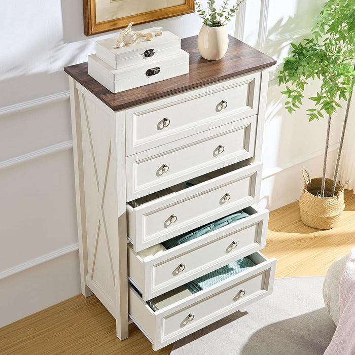 48" H Tall Dresser for Bedroom, Farmhouse 5 Drawer Dressers, Wood Chest of Drawers with 1.2" Thickened Top, Antique White