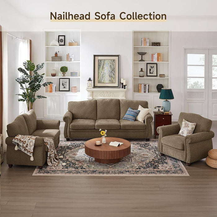 Nailhead Trim Armchair, Rolled Arm Accent Chair for Living Room, Comfy Chenille Club Sofa Chair W/Springs Cushions & Wood Legs, Traditional Single Couch Chair for Apartment, Farmhouse, Brown