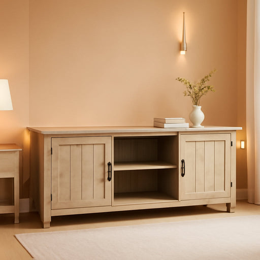 Buren Classic Grooved Door TV Stand for Tvs up to 65 Inches, 58 Inch, White Oak