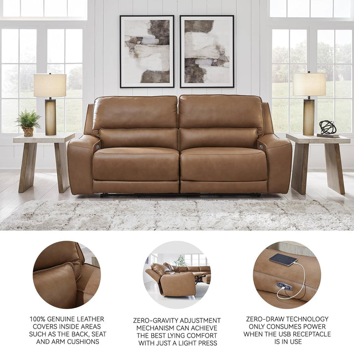 Signature Design by Ashley Spear Hill Contemporary Leather Match Power Reclining Sofa with Adjustable Headrest and USB Ports, Light Brown