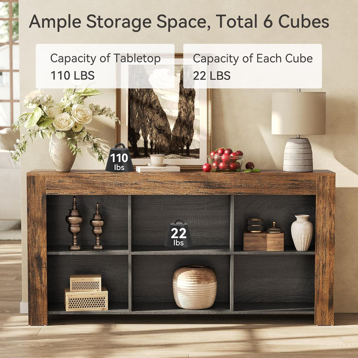 Console Table with Storage, 63-Inch Narrow Long Sofa Table, Entryway Table with 6 Cubes, Farmhouse Storage Shelves for Entryway, Living Room