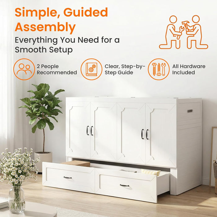 Queen Murphy Bed With Mattress White StorageDrawer
