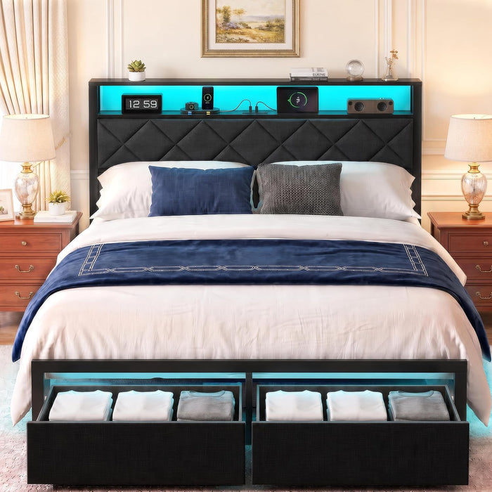 Full Bed Frame with LED Lights, Charging Station & 2 Storage Drawers, Metal Platform with Upholstered Headboard, No Box Spring Needed, Easy Assembly