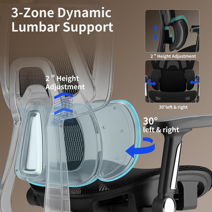 Mesh Office Chair Breathable, Office Chairs, Desk Chair with Adjustable Lumbar Support, Computer Chair, 5D Flip-Up Armrests, 330Lbs Capacity, Tilt Lock, 3D Headrest