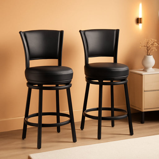 Swivel Bar Stools Set of 2, 25 Inch Counter Height Barstools, Modern Metal Swivel Bar Chairs with Backrest, Faux Leather Upholstered Counter Height Chairs for Kitchen Island, Black
