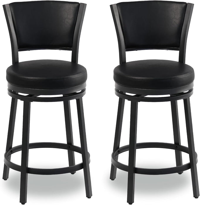 Swivel Bar Stools Set of 2, 25 Inch Counter Height Barstools, Modern Metal Swivel Bar Chairs with Backrest, Faux Leather Upholstered Counter Height Chairs for Kitchen Island, Black