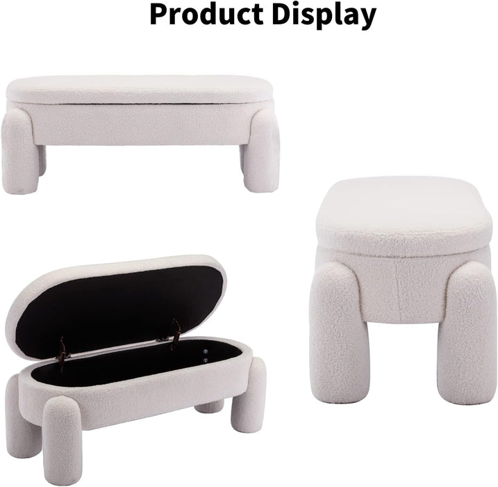 Boucle Storage Ottoman Bench, 44.7 Inches Sherpa Upholstered Storage Bench, End of Bed Bench for Bedroom Entryway Living Room, White