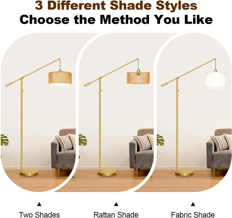 【Upgraded】Arc Floor Lamp for Living Room, Boho Dimmable Swing Arm Floor Lamp with Rattan & Fabric Shades, Gold Rattan Standing Lamp with 11W Bulb, Farmhouse Adjustable Tall Lamp for Bedroom Office
