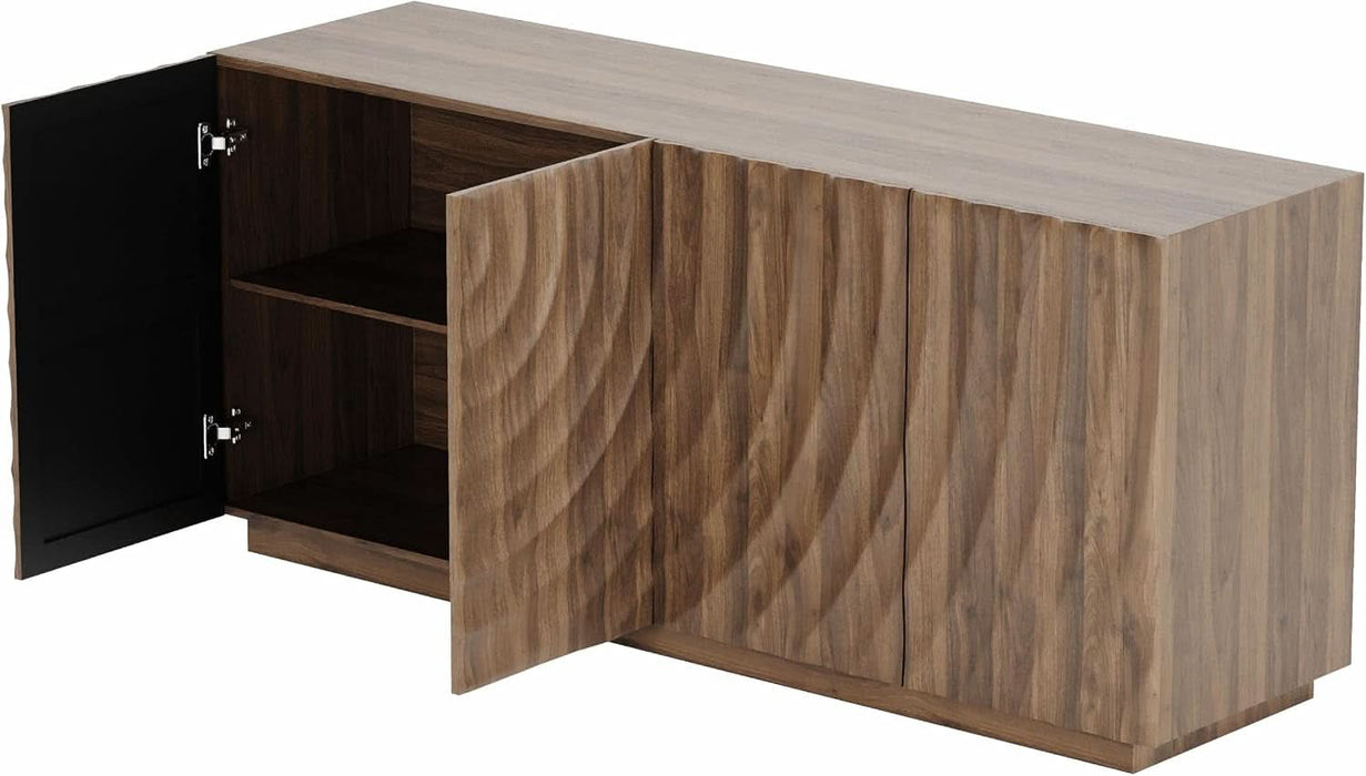 59" Modern Buffet Cabinet with 3D Water Ripple Doors, Sideboard Storage Cabinet with Wooden Base, Freestanding Credenza Console Table for Dining Room Living Room Entryway Coffee Bar, Walnut