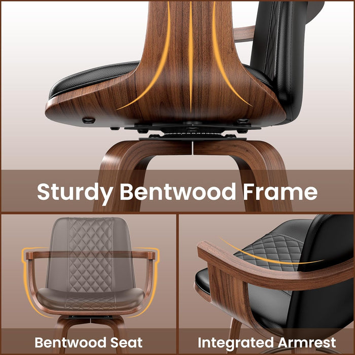 Swivel Bar Stools Set of 3, 26 Inch Bar Height Barstools with Arms and High Back, Upholstered PU Leather Counter Height Stools with Bentwood Wood Frame and Legs for Kitchen Island, Black