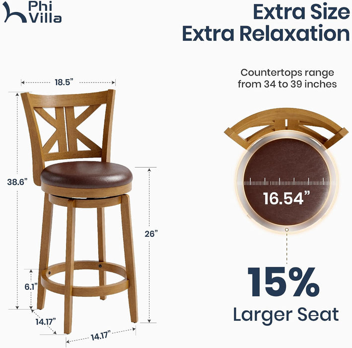 26 Inch Swivel Bar Stools Set of 2, Counter Height Bar Stools | Wooden Bar Stools, Faux Leather Kitchen Stools, Counter Height Chairs with Solid Wood Legs & Wrap-Around Footrest