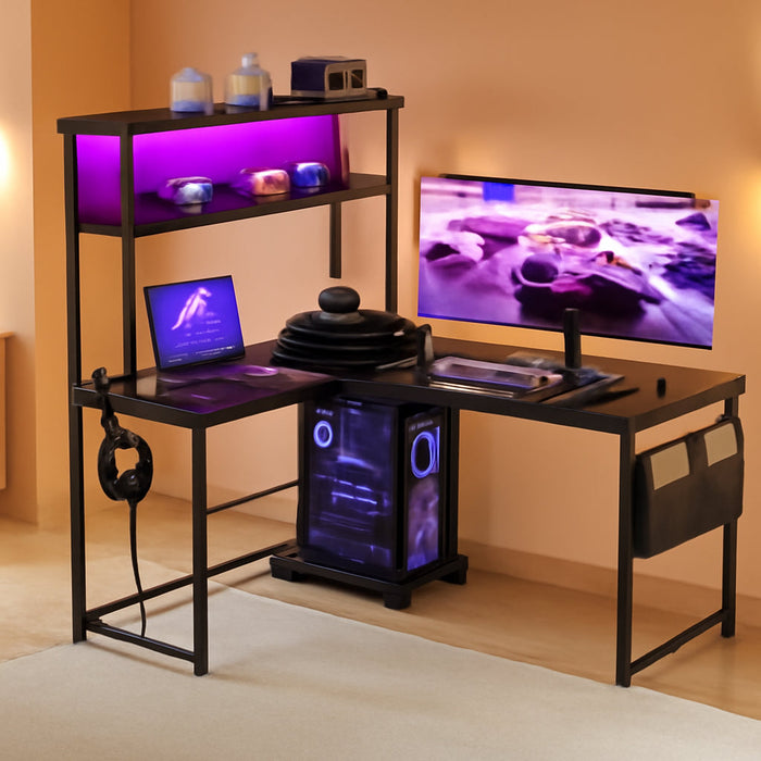 L Shaped Desk Gaming Desk with LED Light & Power Outlet, 53 Inch Reversible L Shaped Computer Desk with Shelf, Corner Desk with Storage Bag&Hook for Home Office Desk, Black