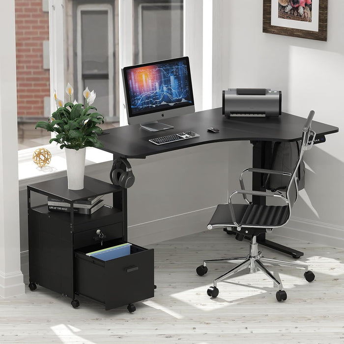 Rolling Mobile File Cabinet W/ 2 Drawers & Open Shelf, Black