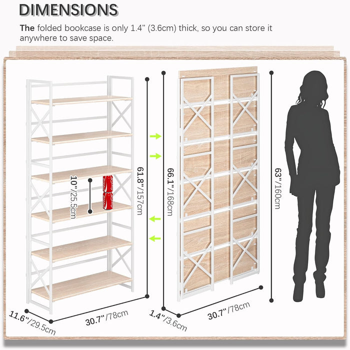 Extra Wide 6 Tiers No Assembly Book Shelves, 61.8" H Folding Bookshelf Bookcase Open Industrial Foldable Shelves for Bedroom, Living Room, Home Office - Natural White