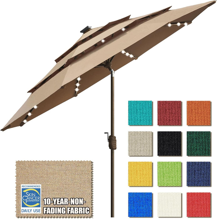 USA 10-Year-Non-Fading 9Ft 3-Tier Market Patio Umbrella, Commercial Table Umbrella with 80 Solar LED Lights, Crank Open, Windproof & UPF 50+ UV Protection for Garden, Deck, Pool, Backyard, Heather Beige