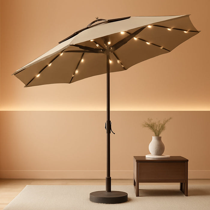 USA 10-Year-Non-Fading 9Ft 3-Tier Market Patio Umbrella, Commercial Table Umbrella with 80 Solar LED Lights, Crank Open, Windproof & UPF 50+ UV Protection for Garden, Deck, Pool, Backyard, Heather Beige