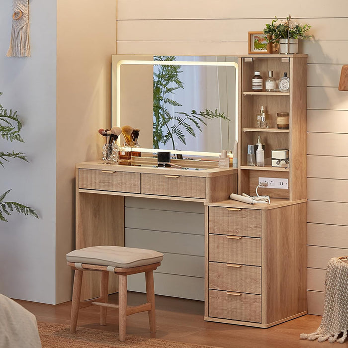 Vanity Desk with Mirror and Lights, 43.5'' Fluted Makeup Vanity with 6 Drawers and Adjustable Shelves, Natural Wood Make up Vanity Dressing Table with Glass Top and Power Outlet for Bedroom