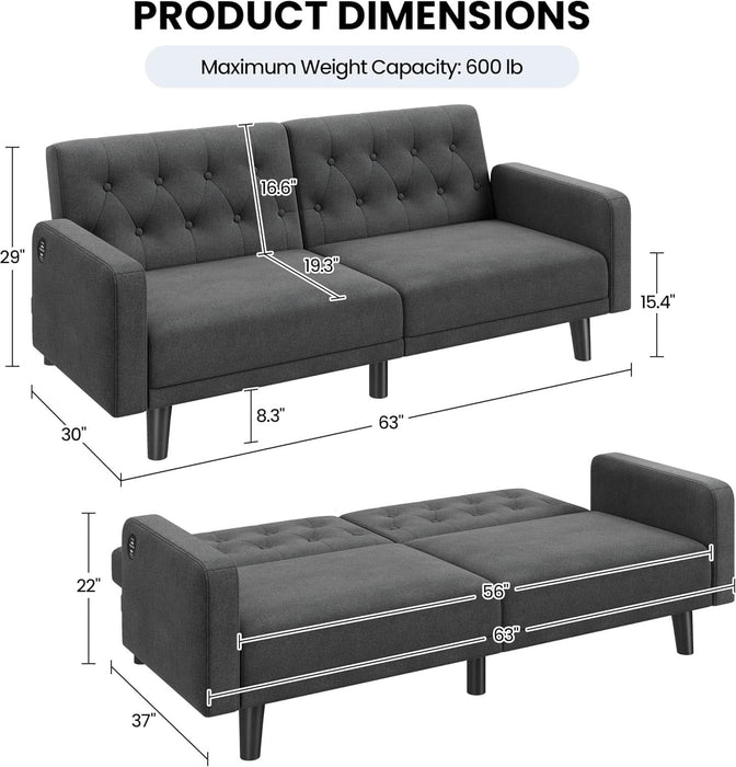 63" Convertible Couch Small Futon Sofa Bed with 2 USB Ports, Reclining Backrest & Removable Armrests, Mid Century Modern Loveseat for Living Room, Apartment, Office, Dark Gray