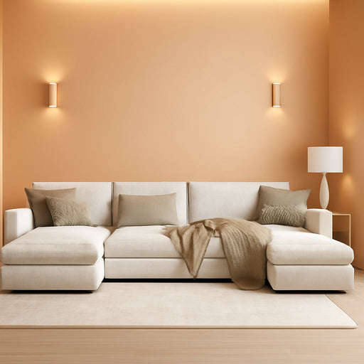 Sectional Modular Sofa U Shaped Chenille Fabric Couch with High Supportive & Soft Sponges and Removable Ottoman, Sleeper Comfy Upholstered Furniture for Living Room, White