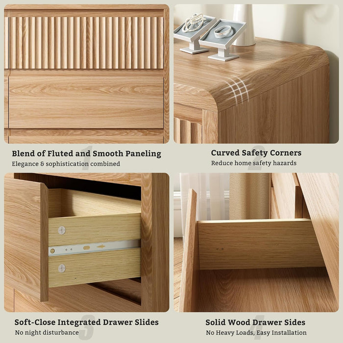 Oak Fluted 8 Drawer Dresser for Bedroom, Curved Edge, 50" Wide