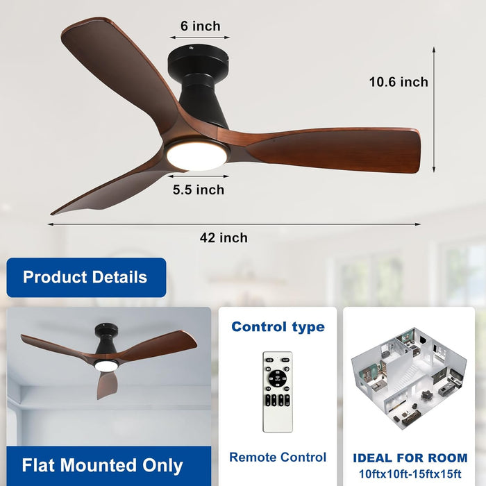 42-Inch Ceiling Fans with Lights: Walnut 3 Blade Flush Mount Low Profile Ceiling Fan for Bedroom - Dimmable Indoor Outdoor Fan with Remote Control Ultra Quiet DC Motor Timer