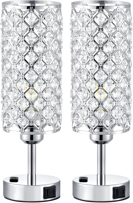 Crystal Lamp Touch Control Set of 2, Sliver Crystal Table Lamps with USB C+A Ports & AC Outlet, 3-Way Dimmable Nightstand Touch Lamp, Modern Bedside Table Lamp for Bedroom(Bulbs Included)