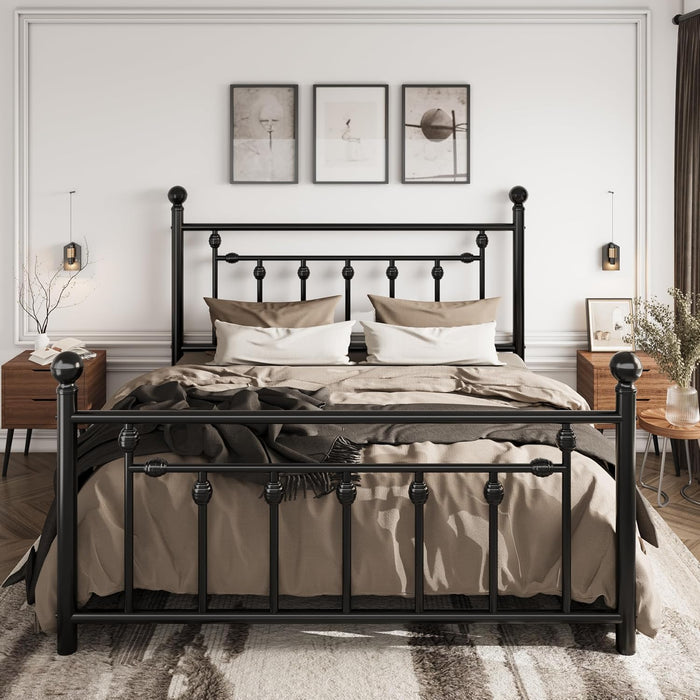 14" Queen Size Metal Platform Bed Frame/Victorian Headboard and Footboard/Steel Slats Mattress Foundation for Storage/No Box Spring Needed/Noise Free/Black