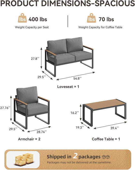 4 Piece Patio Furniture Set, Outdoor Patio Furniture with Thick Cushions, Modern Metal Outdoor Conversation Sets with Coffee Table for Porch, Balcony, Deck Dark Grey