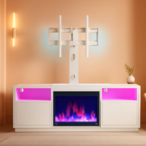 Fireplace TV Stand with Led Lights and Power Outlets, Entertainment Center with Electric Fireplace, Swivel TV Stand Mount for 45/55/60/65 Inch Tvs, Height Adjustable TV Console, White