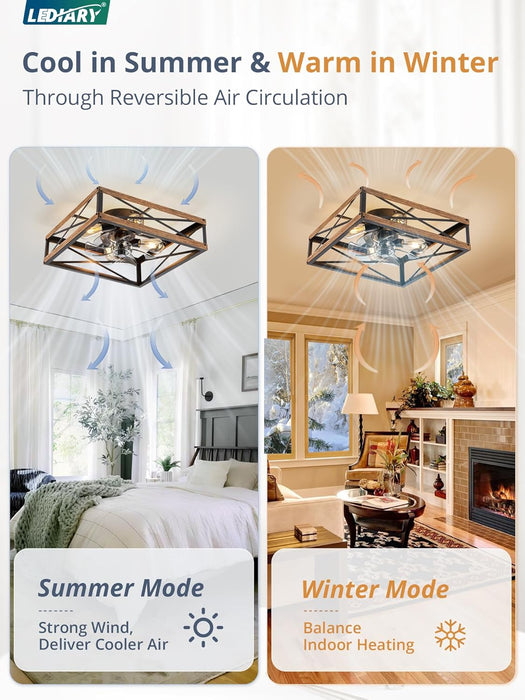 20” Caged Low Profile Ceiling Fans with Lights and Remote, Rustic Square Flush Mount Ceiling Fan, 6 Speed and Reversible, Small Farmhouse Bladeless Ceiling Fan for Bedroom, Kitchen,Dining Room