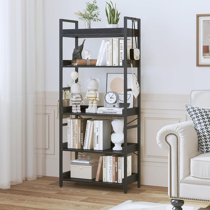 5 Tier Bookshelf, Adjustable Industrial Bookcase, Vertical Tall Book Shelf, Wood and Black Metal Open Bookshelves for Home Office, Living Room, Bedroom