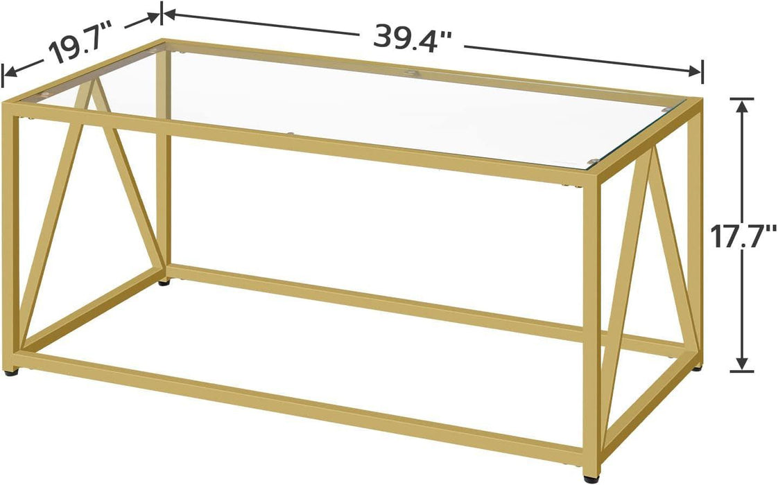 Glass Coffee Table, Gold Coffee Tables for Living Room, Gold Glass Coffee Table,1 Layer Center Table, Modern, for Apartment, Office, 39.4 X 19.7 X 17.7 Inches, Easy Assembly, Golden GD04KF01