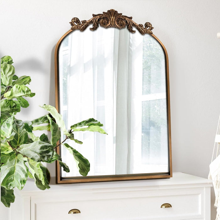 Antique Mirror,Gold Traditional Vintage Ornate Baroque Arched Brass Wall Mounted Mirrors for Entryway/Fireplace/Living Room/Hallway/Bathroom 19"X27"